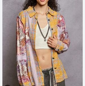 POL Size Large Floral Patchwork Button Down Shirt Boho Casual NWOT